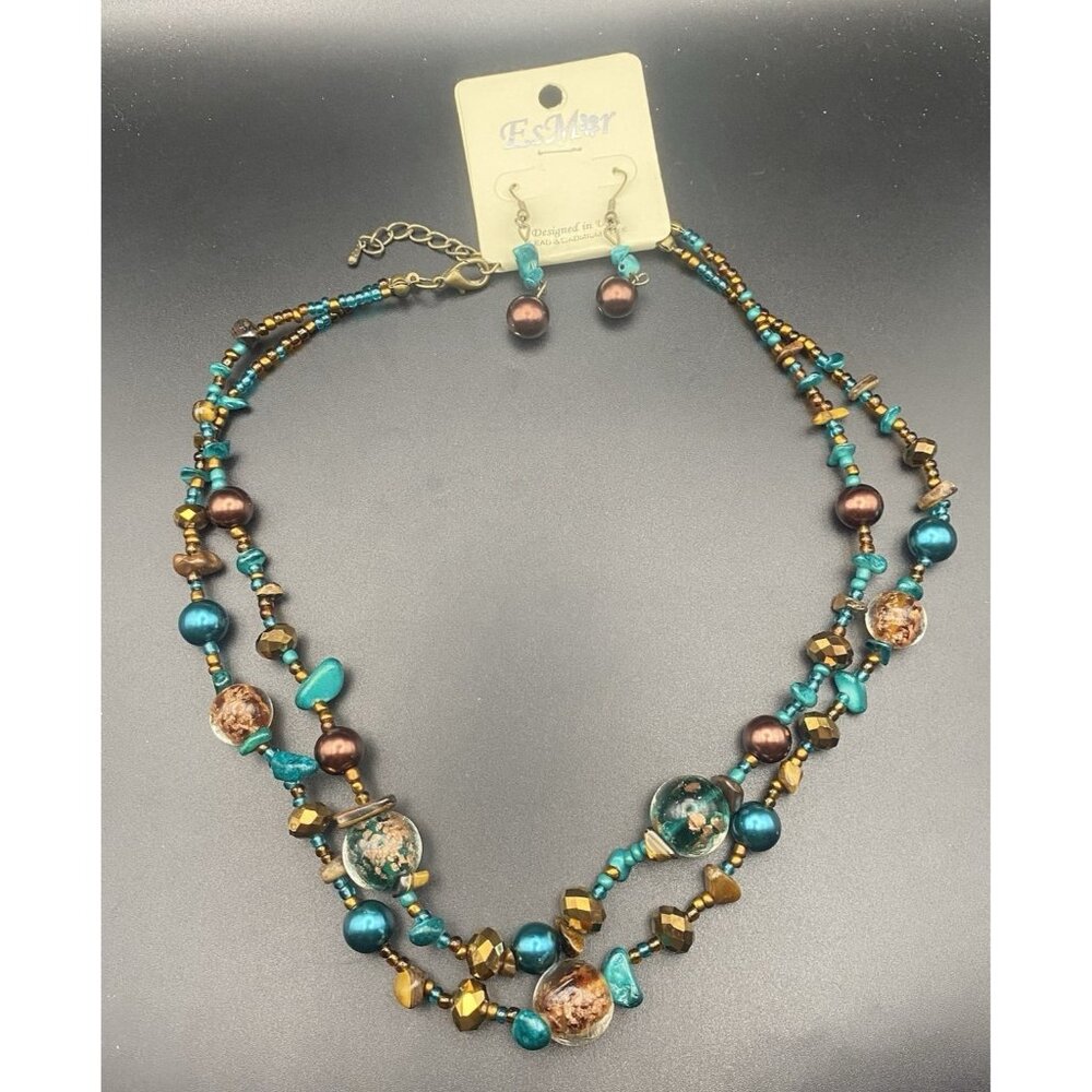 NWT Vtg EsMor Necklace Earring Set Faux Turquoise Copper Gold Foil Glass Bead